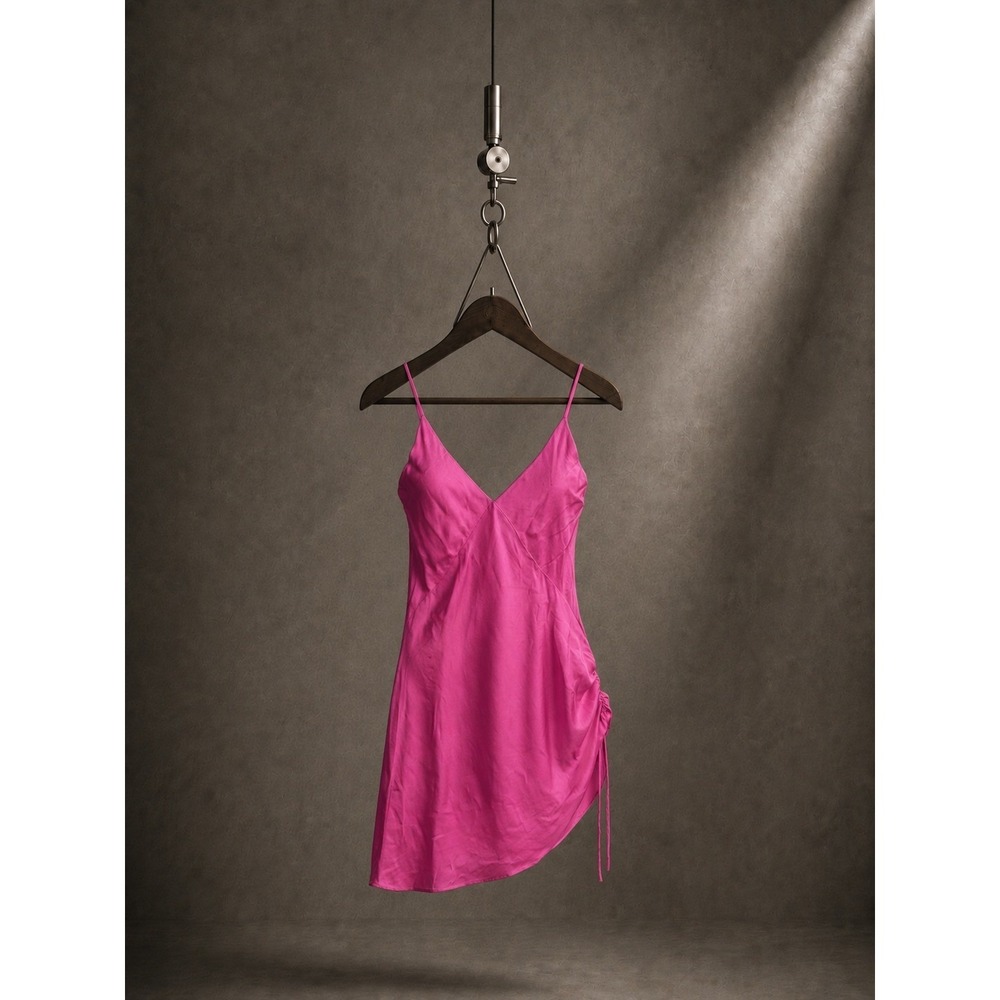 SVNR Vee Silk Mini Slip Dress Orchid Pink Hand Dyed Ruched Bias Cut S